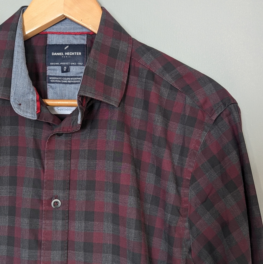Daniel Hechter Men's Dark Red Plaid Long Sleeve‎ Shirt
